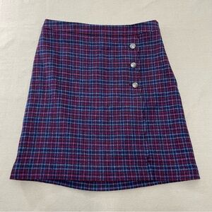 Talbots Faux Wrap Purple Plaid Wool Blend Pencil Skirt Side Buttons Size 8